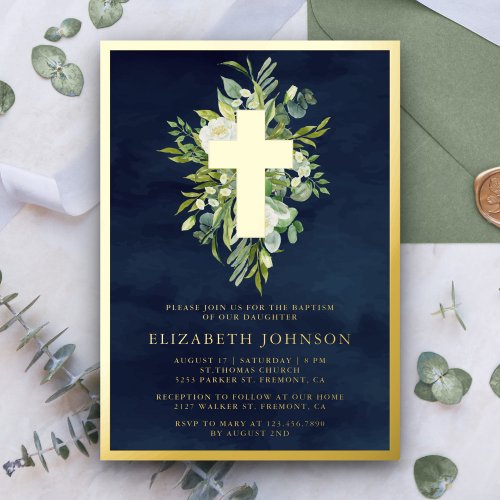 Elegant Watercolor Greenery Baptism Navy Blue Gold Foil Invitation