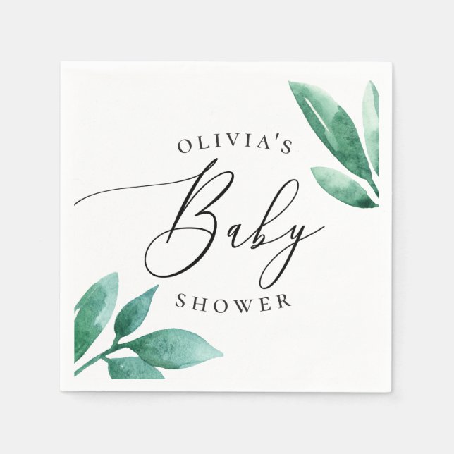 Elegant watercolor greenery botanical baby shower napkins (Front)