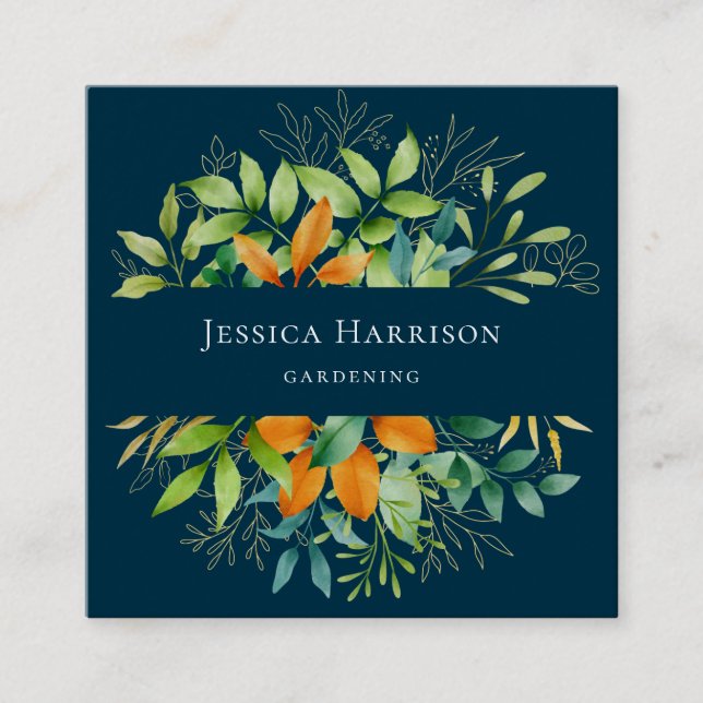 Elegant Watercolor Greenery Botanical Luxury Blue Square Business Card (Front)