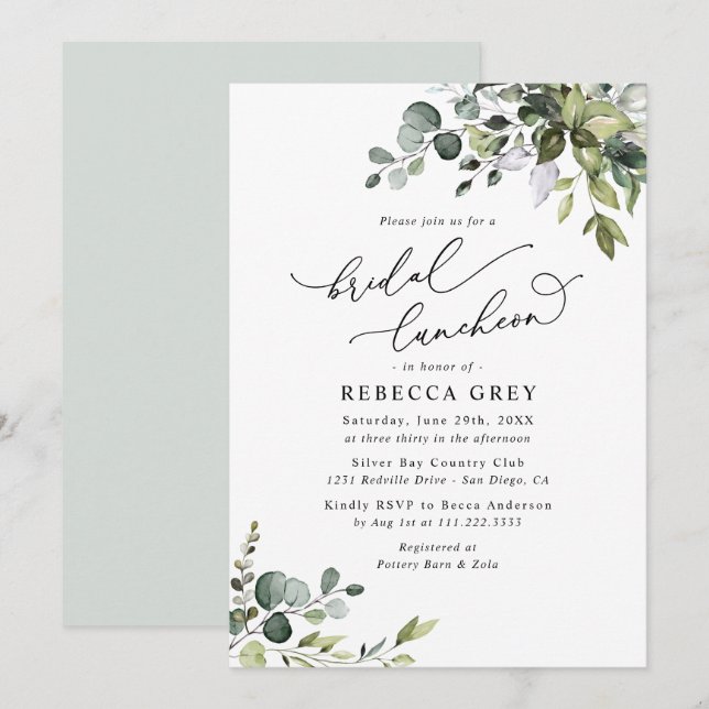 Elegant Watercolor Greenery Bridal Luncheon Shower Invitation (Front/Back)