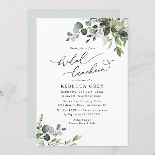 Elegant Watercolor Greenery Bridal Luncheon Shower Invitation - This elegant Boho Greenery collection features mixed watercolor greenery leaves paired with a classy serif & delicate sans font in black, with a monogram on the back. Matching items available.