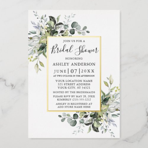 Elegant Watercolor Greenery Bridal Shower Gold Foil Invitation