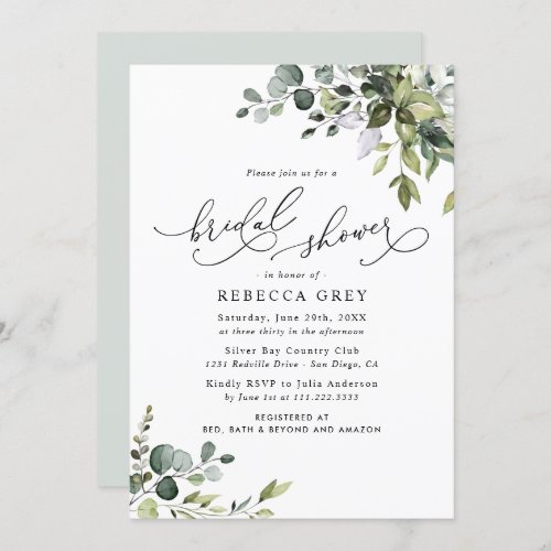 Elegant Watercolor Greenery Bridal Shower Invitation - This elegant Boho Greenery collection features mixed watercolor greenery leaves paired with a classy serif & delicate sans font in black, with a monogram on the back. Matching items available.