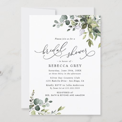 Elegant Watercolor Greenery Bridal Shower Invitation | Zazzle