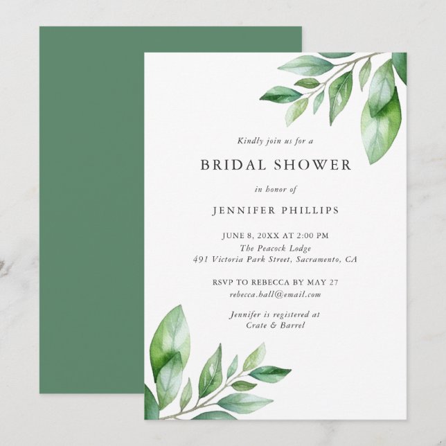Elegant Watercolor Greenery Bridal Shower Invitation (Front/Back)