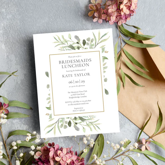 Elegant Watercolor Greenery Bridesmaids Luncheon Invitation | Zazzle