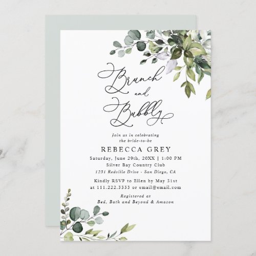 Elegant Watercolor Greenery Brunch & Bubbly Shower Invitation - This elegant Boho Greenery collection features mixed watercolor greenery leaves paired with a classy serif font in black and a monogram on the back. Matching items available.