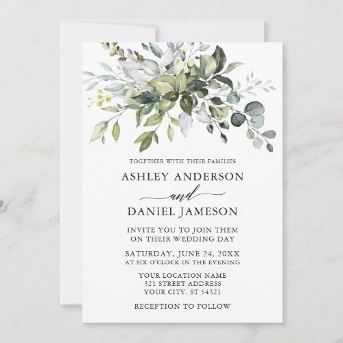 Elegant Watercolor Greenery Calligraphy Wedding Invitation