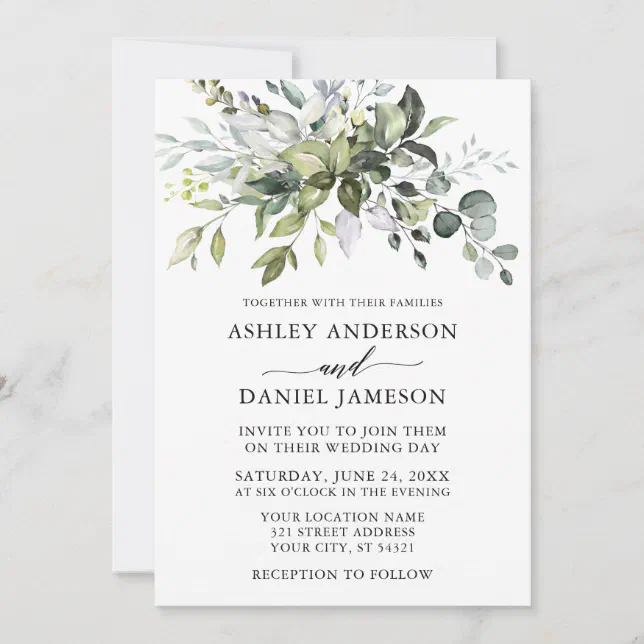 Elegant Watercolor Greenery Calligraphy Wedding Invitation | Zazzle