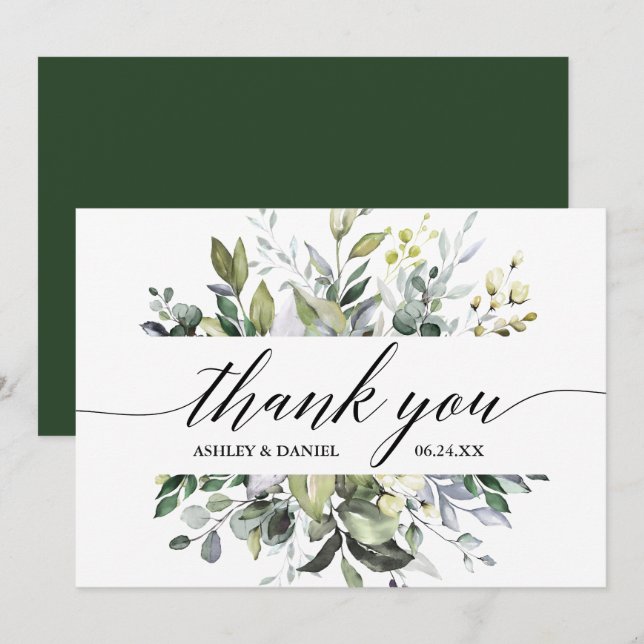 Elegant Watercolor Greenery Calligraphy Wedding Thank You Card (Front/Back)