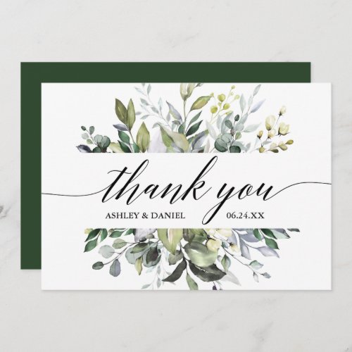 Elegant Watercolor Greenery Calligraphy Wedding Thank You Card