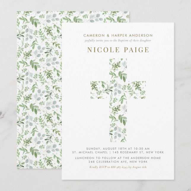Elegant Watercolor Greenery Cross Baptism Invitation (Front/Back)