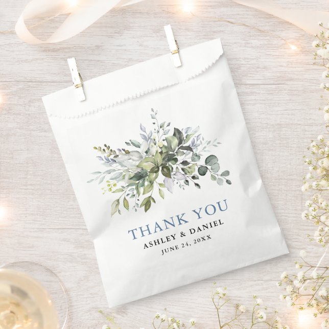 Elegant Watercolor Greenery Dusty Blue Wedding Favor Bag (Clipped)