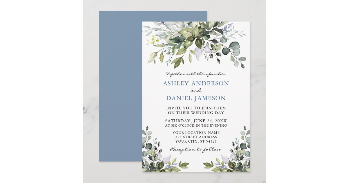 Elegant Watercolor Greenery Dusty Blue Wedding Invitation | Zazzle