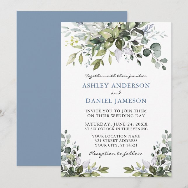 Elegant Watercolor Greenery Dusty Blue Wedding Invitation (Front/Back)