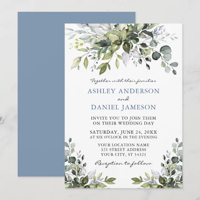 Elegant Watercolor Greenery Dusty Blue Wedding Invitation | Zazzle
