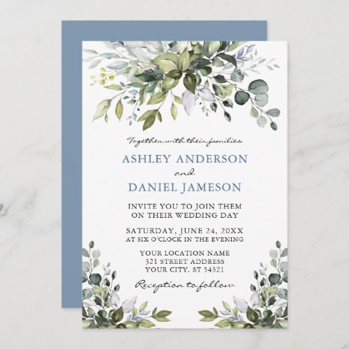 Elegant Watercolor Greenery Dusty Blue Wedding Invitation