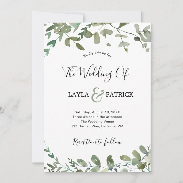 Elegant Watercolor Greenery Eucalyptus Wedding Invitation (Front)