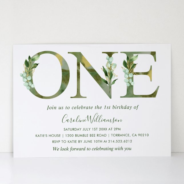 elegant watercolor Greenery First Birthday  Invitation (Creator Uploaded)