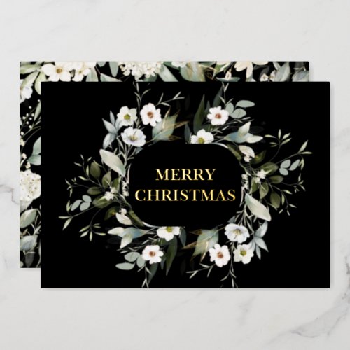 Elegant Watercolor Greenery Floral Black Real Gold Foil Holiday Card