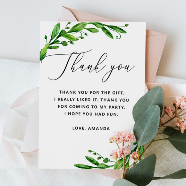 Elegant watercolor greenery floral script birthday thank you card (Creator Uploaded)