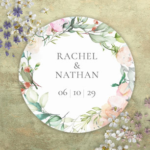 Elegant Watercolor Greenery Floral Wedding Classic Round Sticker
