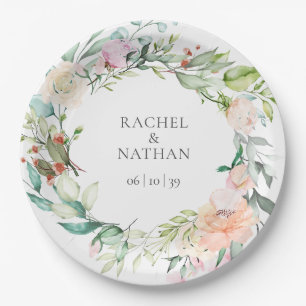 Elegant Watercolor Greenery Floral Wedding Paper Plates