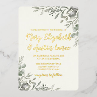 Elegant Watercolor Greenery  Foil Invitation
