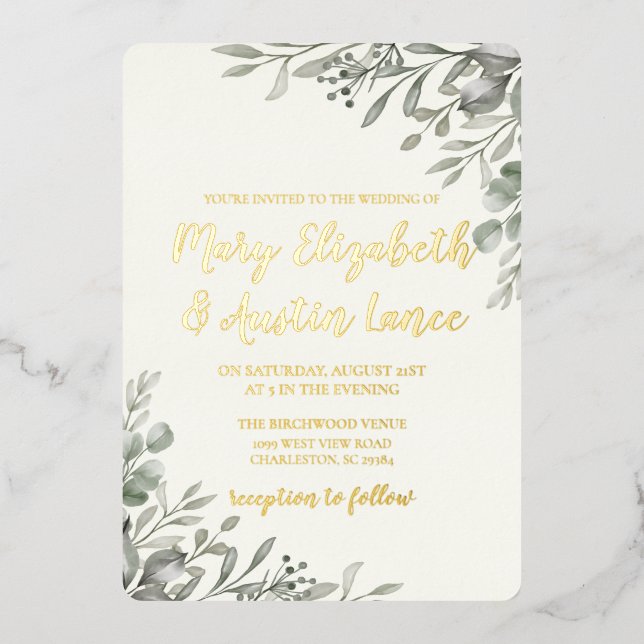 Elegant Watercolor Greenery  Foil Invitation (Front)