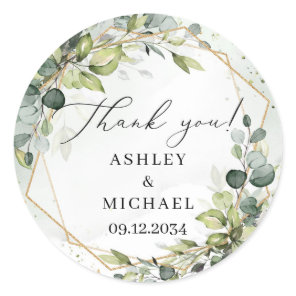 Elegant watercolor greenery foliage gold wedding  classic round sticker