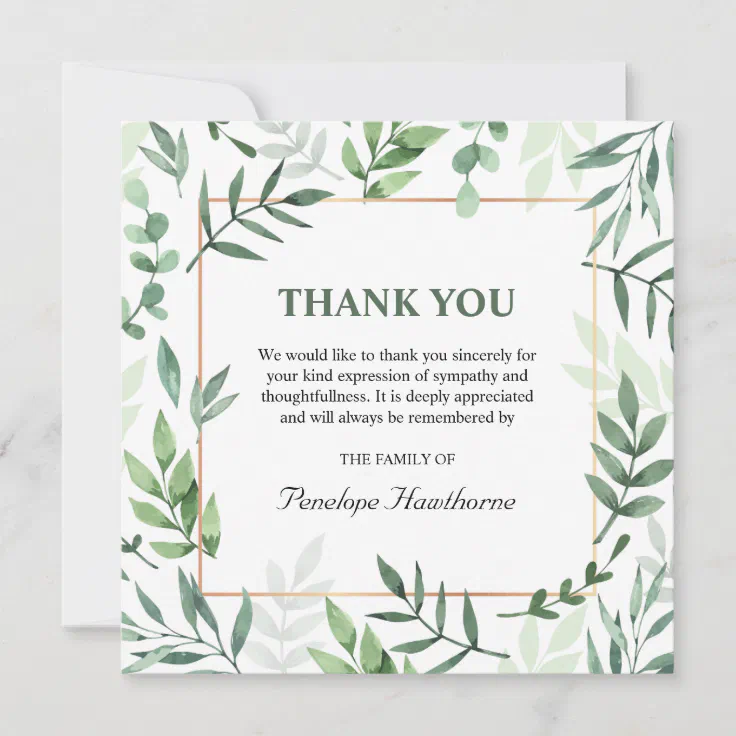 Elegant Watercolor Greenery Funeral Thank You Card | Zazzle