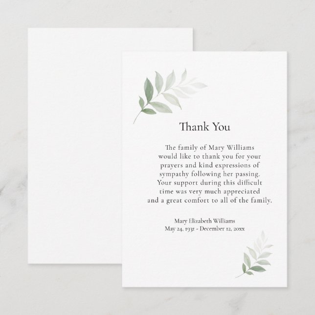 Elegant Watercolor Greenery Funeral Thank You Card (Front/Back)