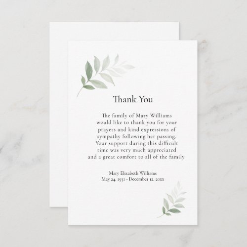 Elegant Watercolor Greenery Funeral Thank You Card