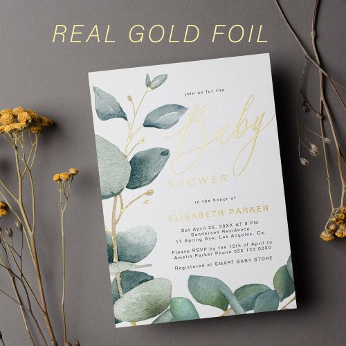 Elegant watercolor greenery gold baby shower foil invitation