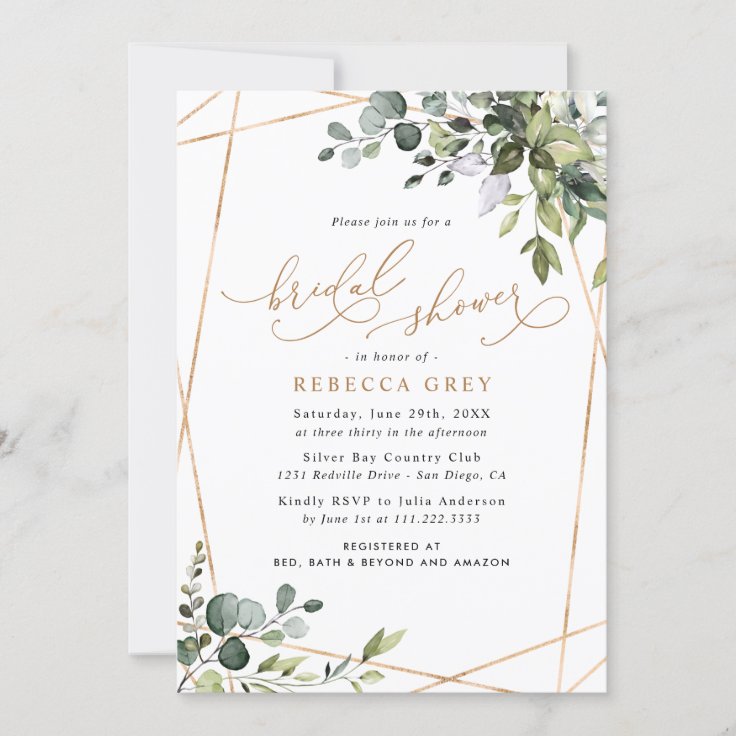 Elegant Watercolor Greenery Gold Bridal Shower Invitation | Zazzle