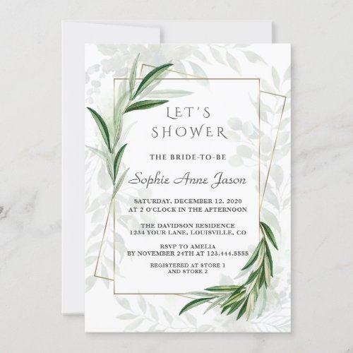 Elegant Watercolor Greenery Gold Bridal Shower Invitation