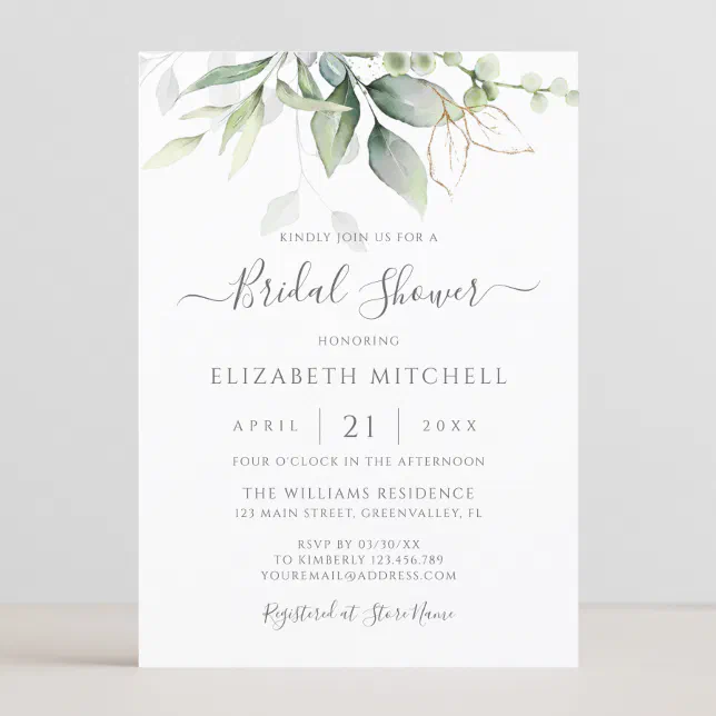 Elegant Watercolor Greenery Gold Bridal Shower Invitation | Zazzle