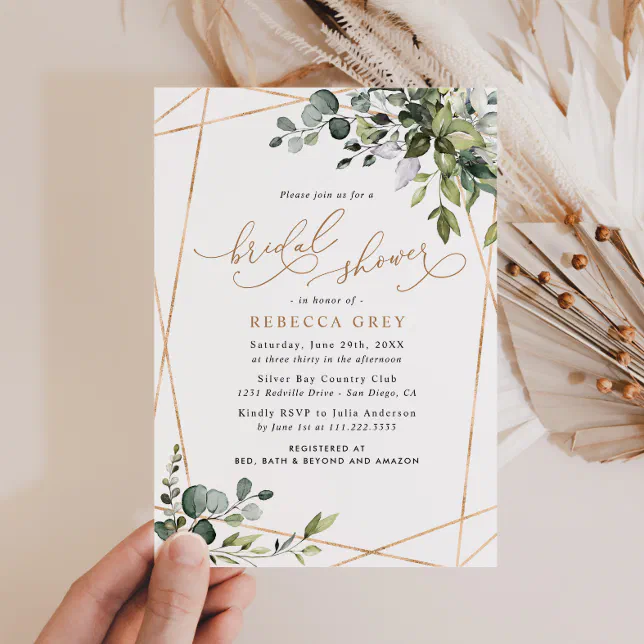 Elegant Watercolor Greenery Gold Bridal Shower Invitation | Zazzle