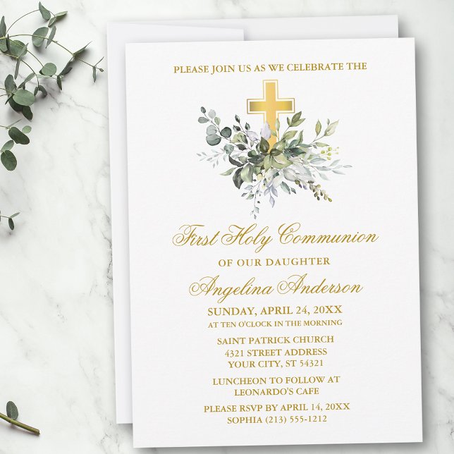 Elegant Watercolor Greenery Gold Communion Invitation (Customize to change text color, size, style or to add photos or more text to back of card.)