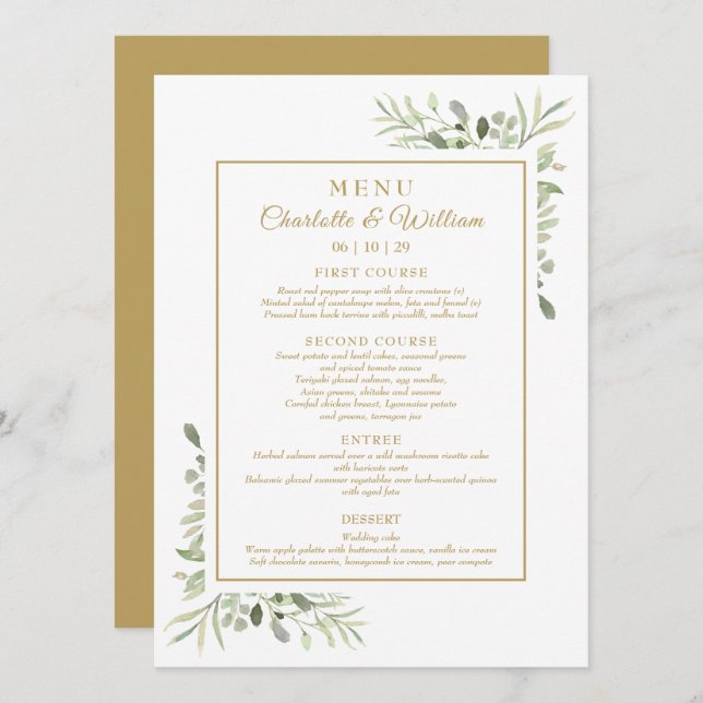 Elegant Watercolor Greenery Gold Dinner Menu (Front/Back)