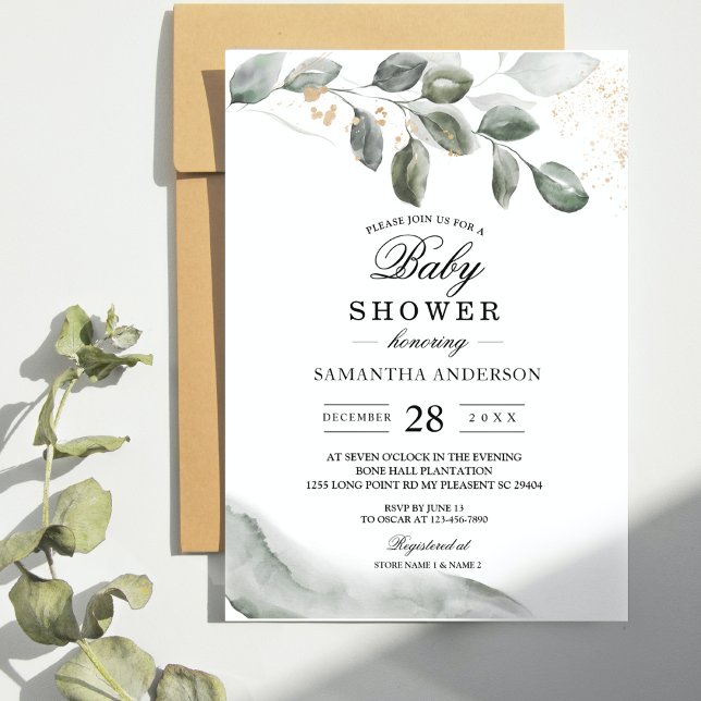 Elegant  Watercolor Greenery & Gold Dust Invitation (Creator Uploaded)