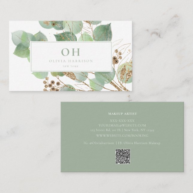 Elegant Watercolor Greenery Gold Leaf Business Card (Front/Back)