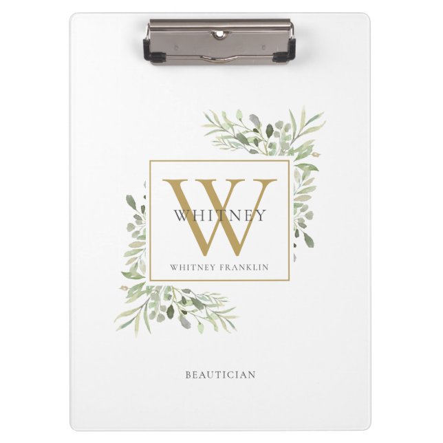 Elegant Watercolor Greenery Gold White Monogram  Clipboard (Front)