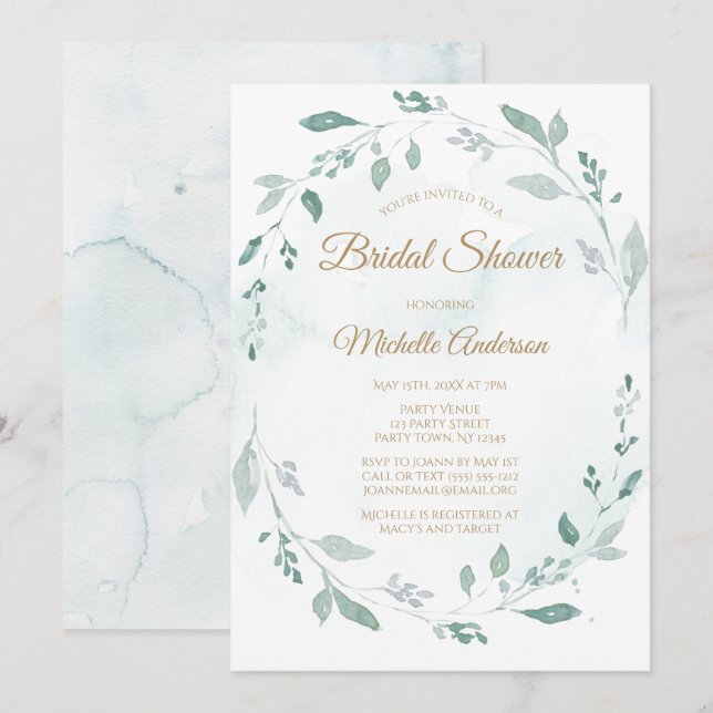 Elegant Watercolor Greenery Leaf Bridal Shower Invitation (Front/Back)