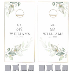 Elegant Watercolor Greenery Leaves Couples Names Cornhole Set