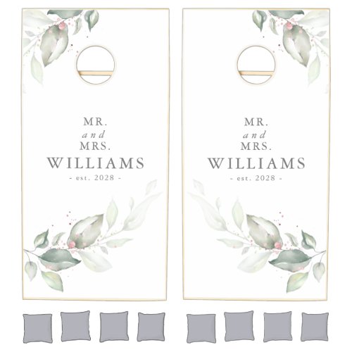 Elegant Watercolor Greenery Leaves Couples Names Cornhole Set