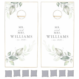 Elegant Watercolor Greenery Leaves Couples Names Cornhole Set