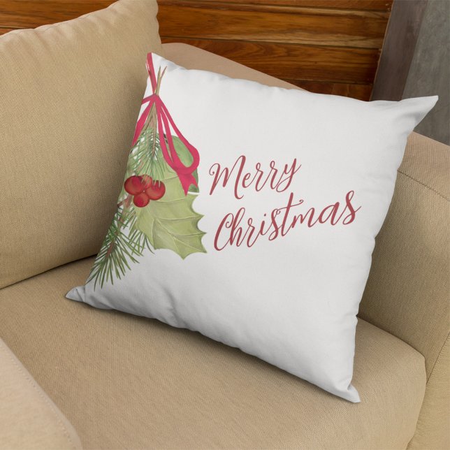 Elegant Watercolor Greenery Merry Christmas  Throw Pillow (Merry Christmas Red and Green Greenery. With Stylish Calligraphy Script.)