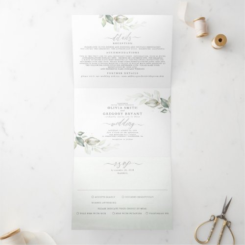 Elegant Watercolor Greenery Minimalist Wedding Tri_Fold Invitation