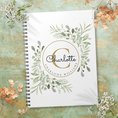 Elegant Watercolor Greenery Monogram Name Notebook